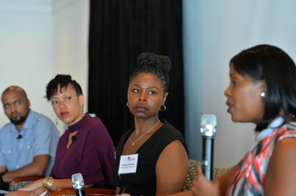 FROM L TO R: Lamar and Ronnie Tyler – founders of BlackandMarriedwithKids.com, Kara Stevens - founder of TheFrugalFeminista.com, and Tracy A. Tynes – Wells Fargo Miami Regional Brokerage Manager discuss how couples can achieve financial intimacy during a panel discussion during the kickoff session of the 3rd Annual BMWK Marriage Cruise in Fort Lauderdale, Fl on July 29, 2017.